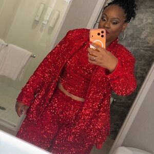 Ofuure LIZA Sequin Blazer & Pants Set — Ruby Red includes top as well
